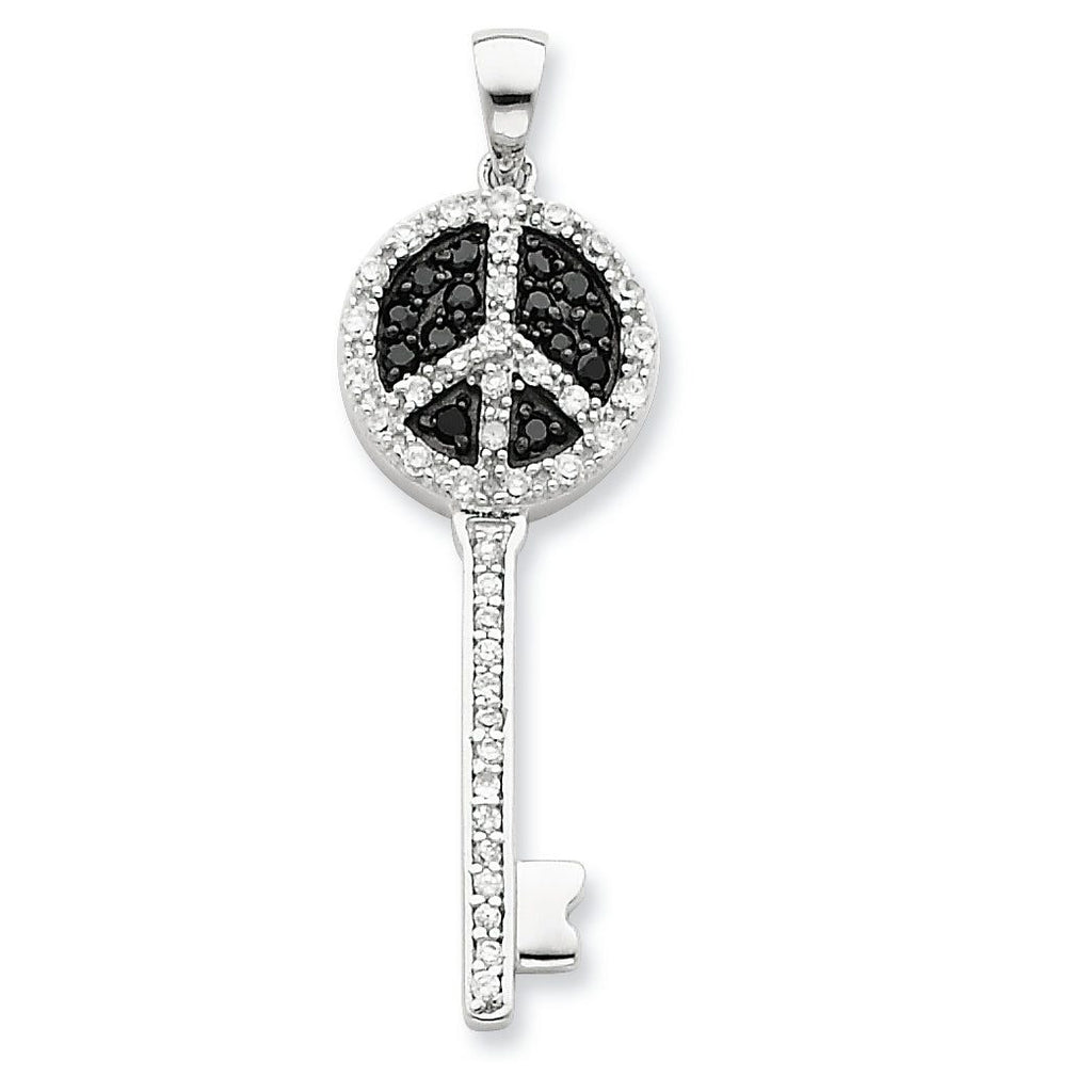 Peace Sign Key Pendant in Sterling Silver with Black & Clear Cubic Zirconia, 45mm - Sophia Jewelers