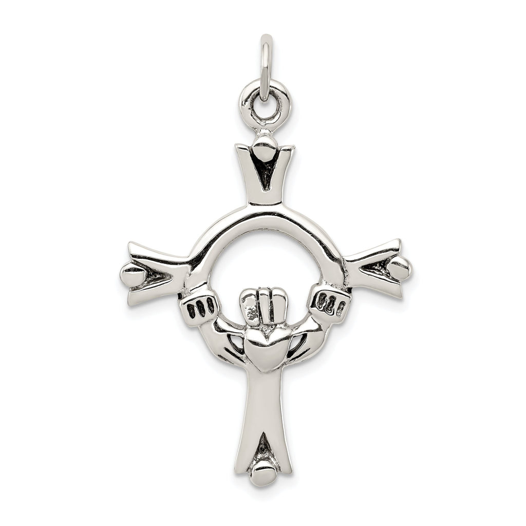 Sterling Silver Claddagh Cross Charm with Antique Polished Finish