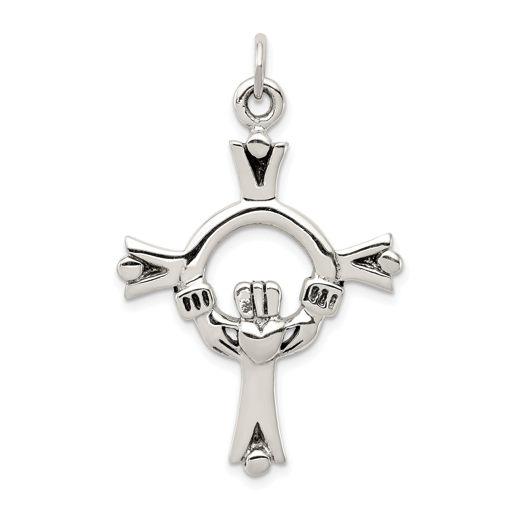 Sterling Silver Claddagh Cross Charm with Antique Polished Finish