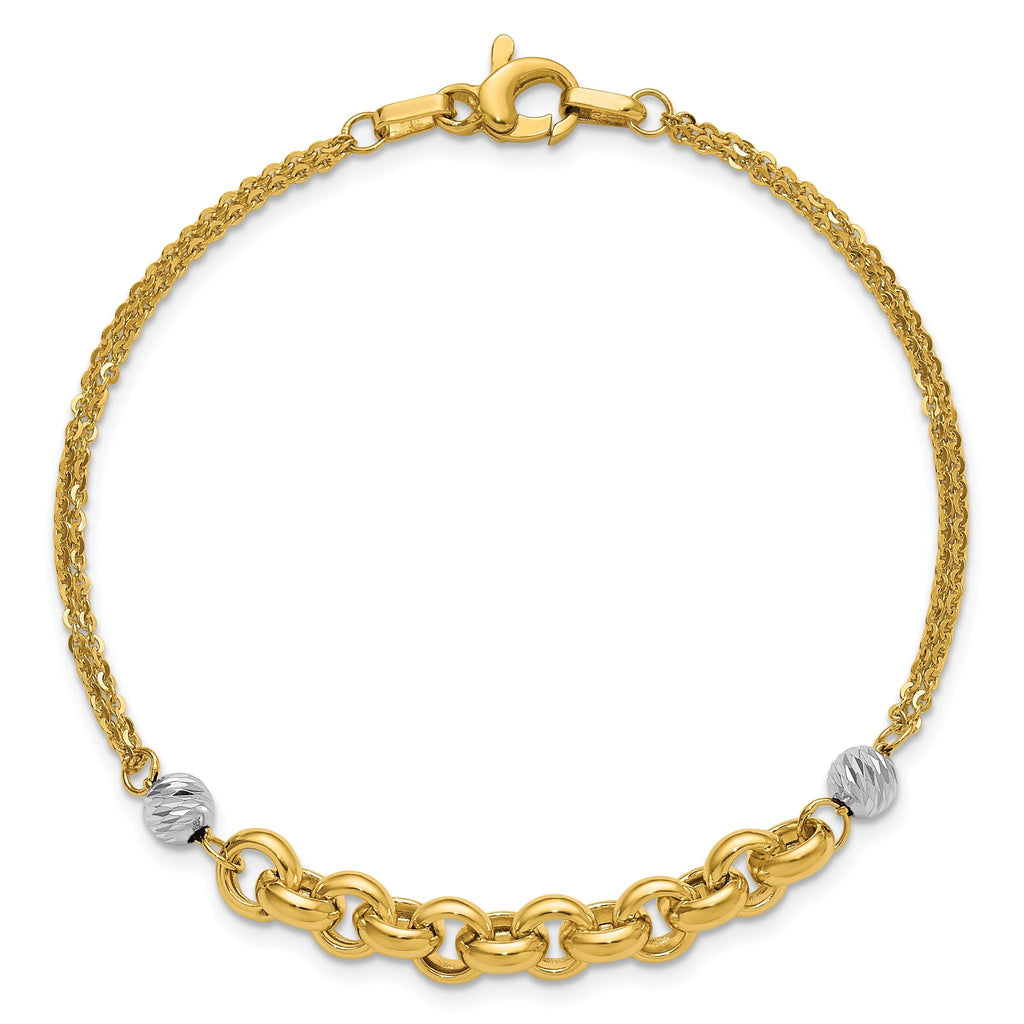 14K w/White Rhodium Polished D/C 2-Strand Rolo Link Bracelet