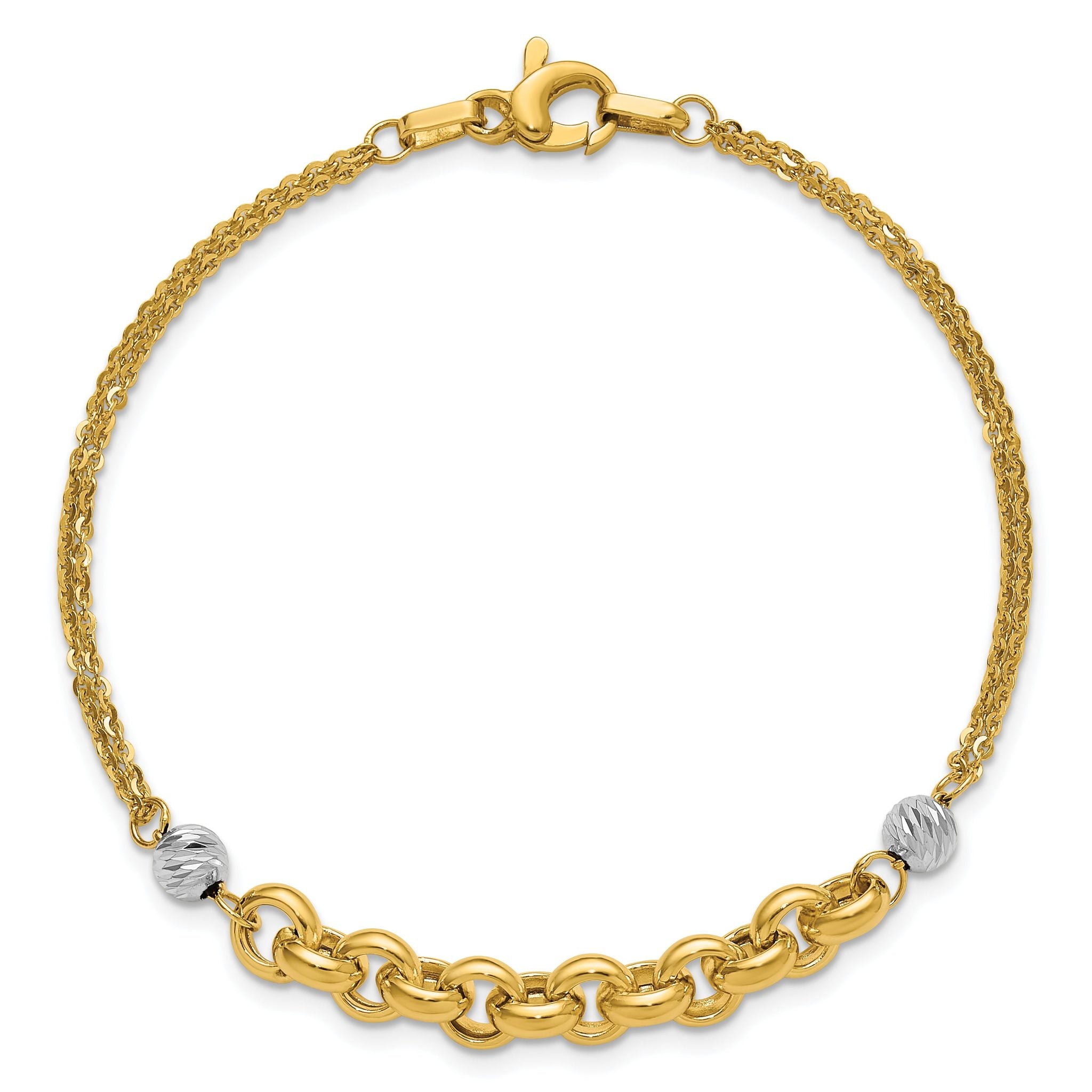 14K w/White Rhodium Polished D/C 2-Strand Rolo Link Bracelet