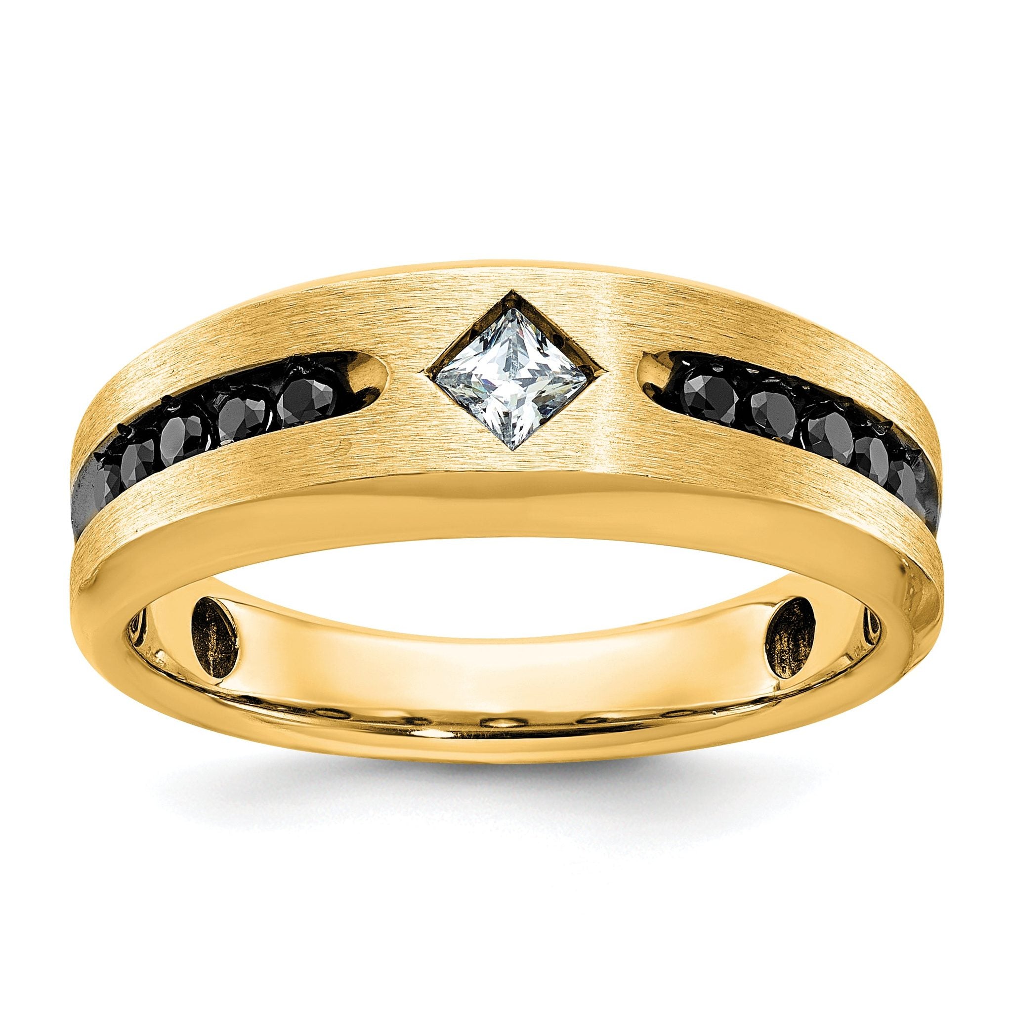 10k with Black Rhodium Polished Satin and Grooved 1/2 Carat A Quality Black and White Diamond Ring