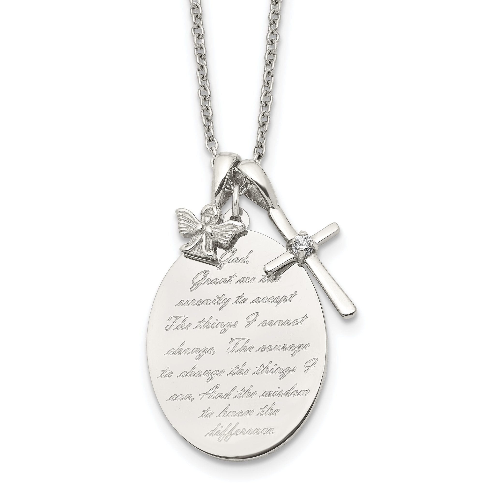 Serenity Prayer Cross & Angel Pendant Necklace in Stainless Steel