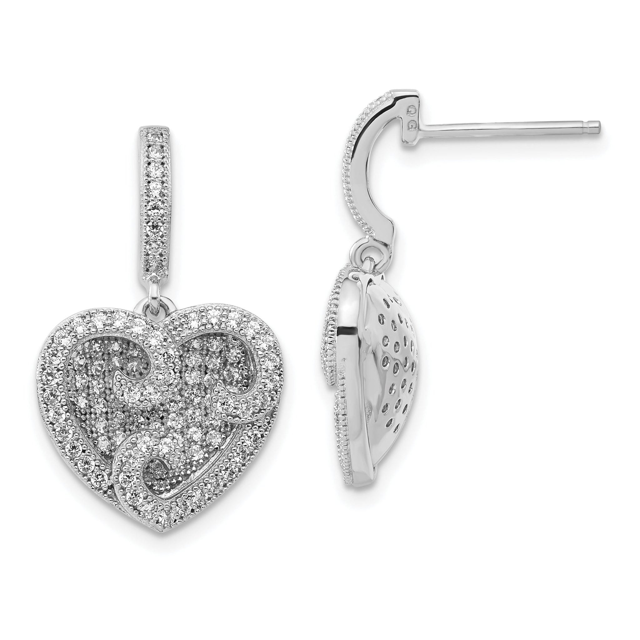 Elegant Sterling Silver CZ Heart Drop Earrings with Rhodium Polish Main image