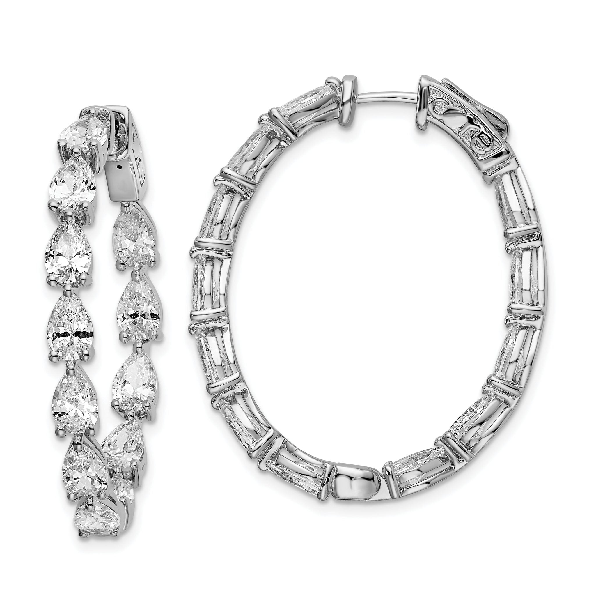 Sterling Shimmer Sterling Silver Rhodium-plated 24 Stone Pear Shaped CZ Fancy In and Out Oval Hinged Hoop Earrings Main image