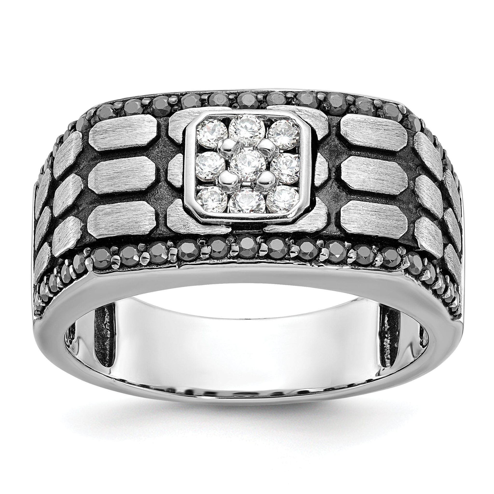 14k White Gold with Black Rhodium Men's Polished Satin and Cobblestone Textured Black and White 5/8 Main image