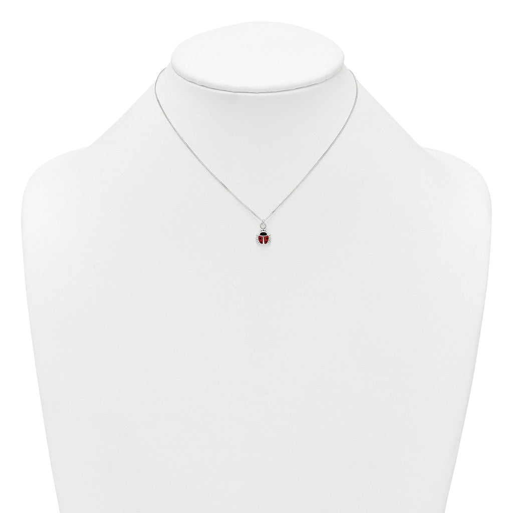 Sterling Silver Polished Red and Black Enameled Ladybug Childrens 14 inch Necklace and Post Earrings Set