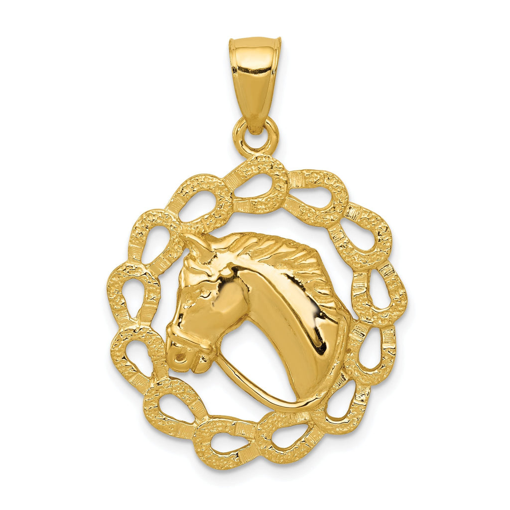 14K Gold Men's Horse Head in Horseshoe Pendant with Polished Finish