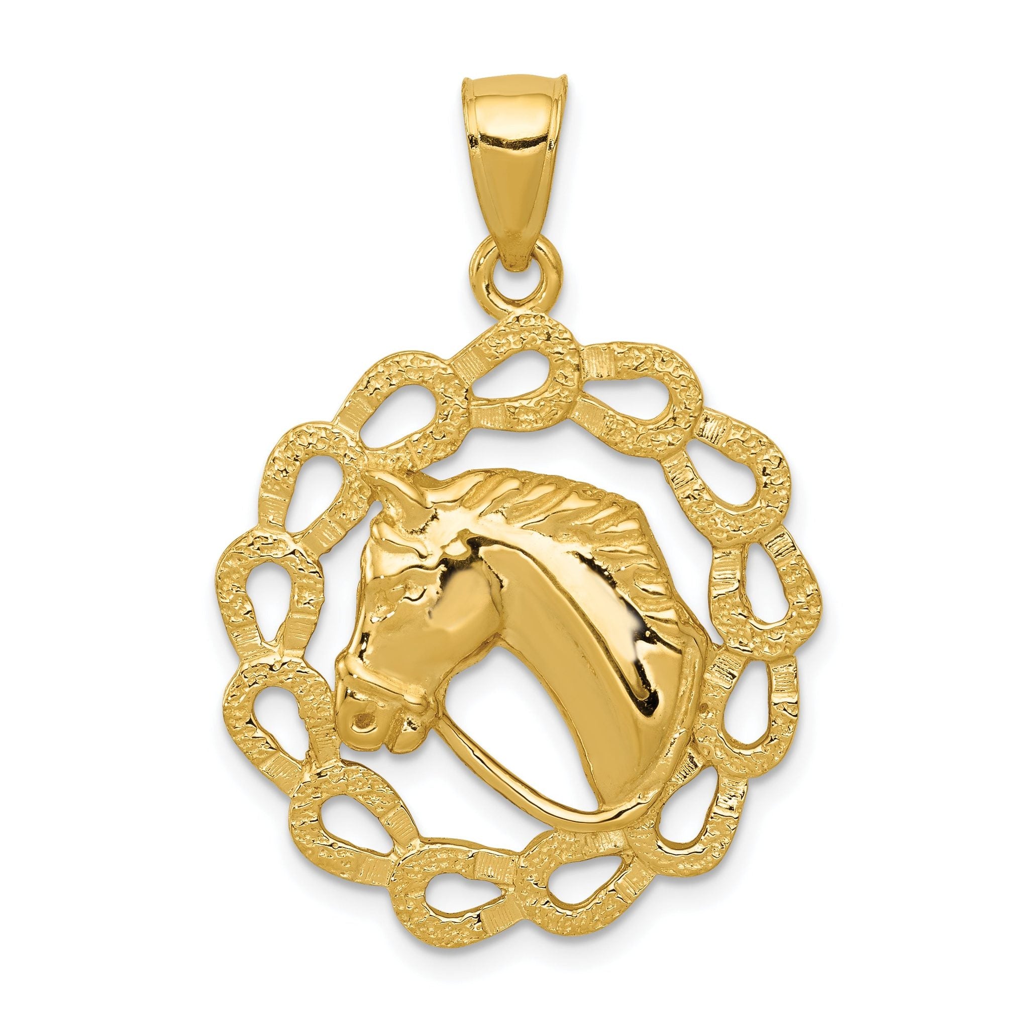14K Gold Men's Horse Head in Horseshoe Pendant with Polished Finish