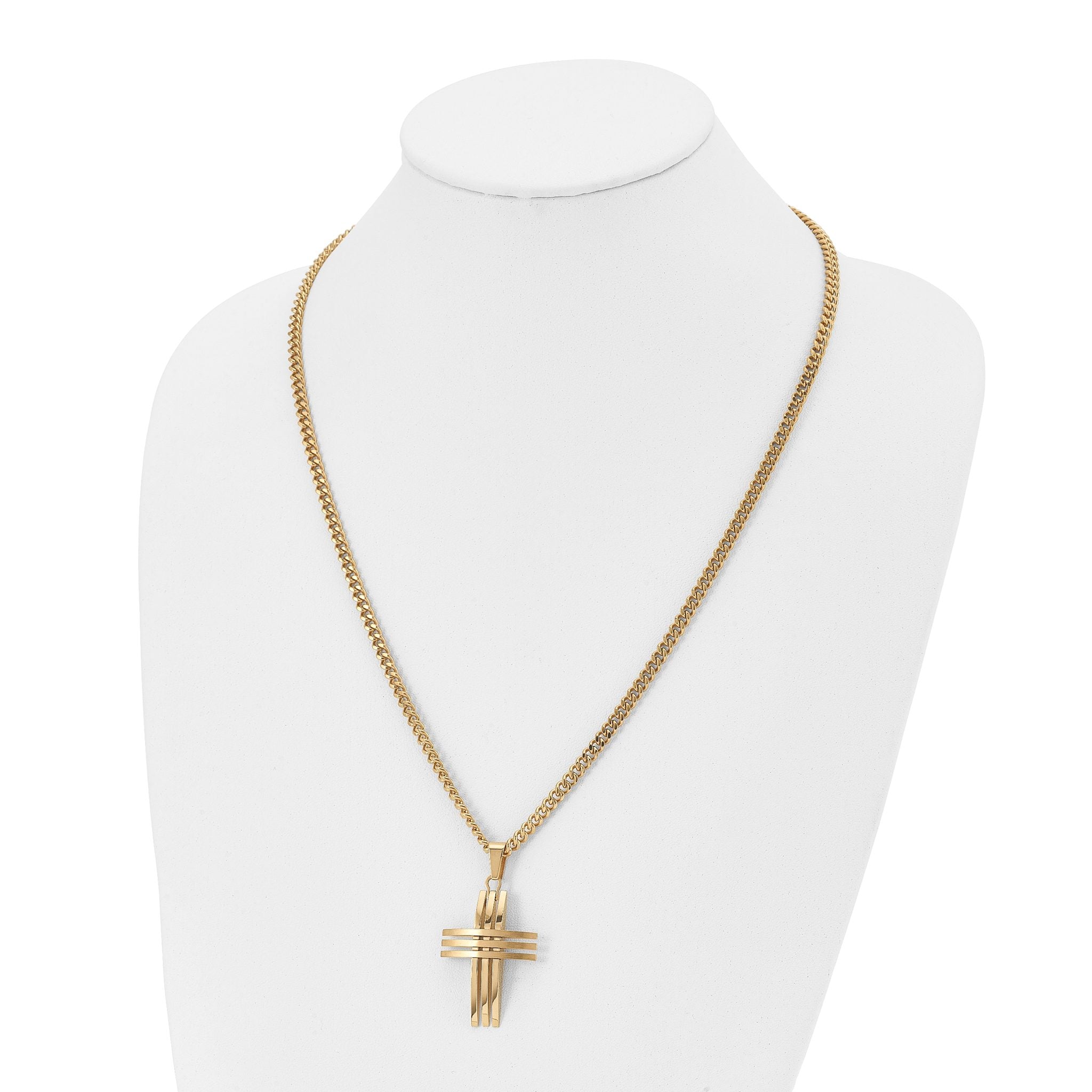 Stainless Steel Gold-Tone Men's Cross Pendant Necklace with Polished Finish