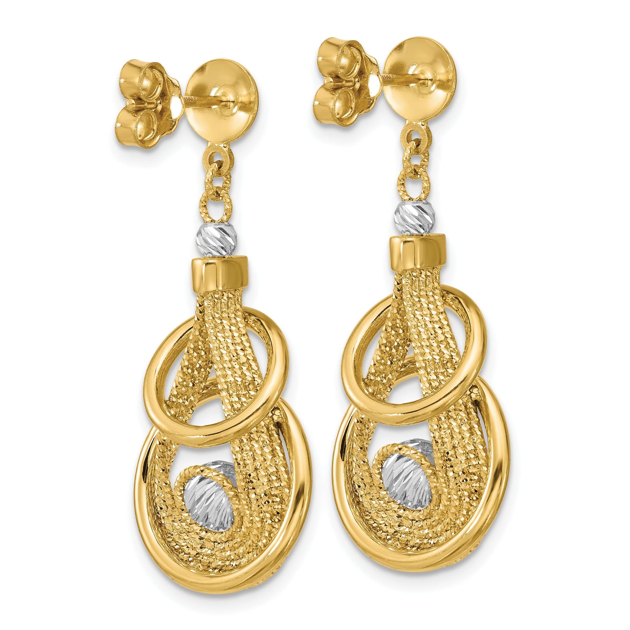 14K TT Polished/Dia-cut Fancy Teardrop Dangle Post Earrings