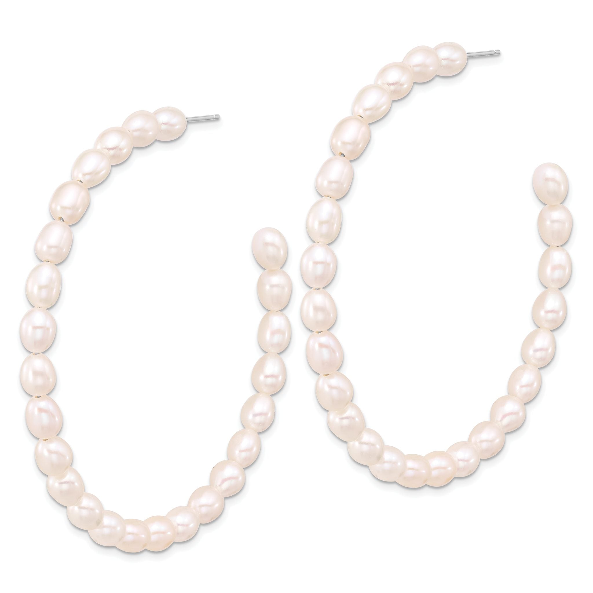 Sterling Silver Rhodium-plated 5-6mm White Rice Freshwater Cultured Pearl Post C-Hoop Earrings Secondary image