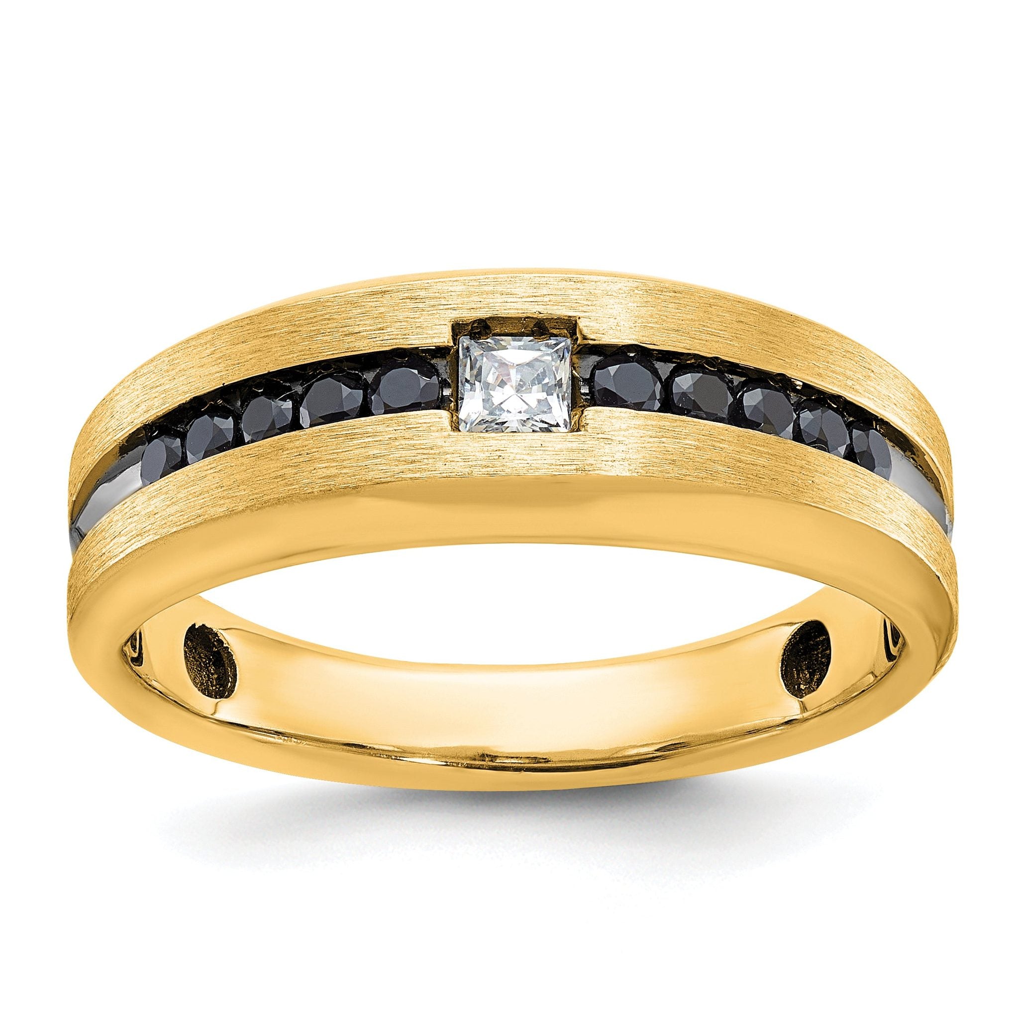 10k Yellow Gold with Black Rhodium Men's Polished and Brushed Black and White Diamond Ring Main image