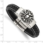 Stainless Steel Antiqued and Polished Spider Black Braided Faux Leather Bracelet for Men