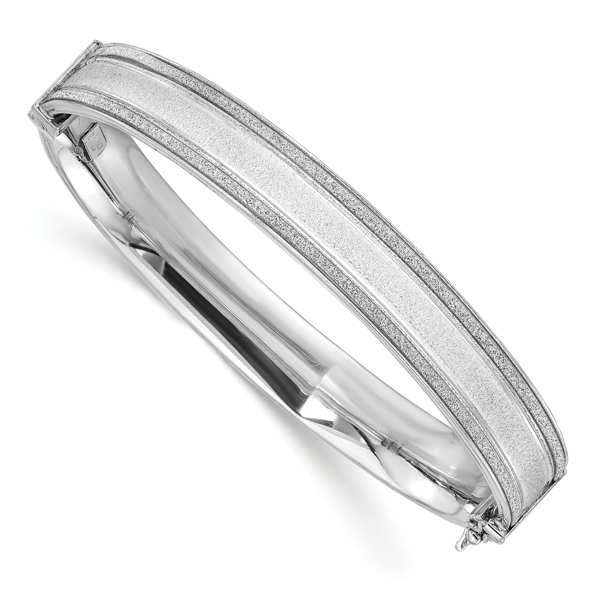 Sterling Silver Polished & Textured Baguette Glitter Hinged Bangle Bracelet for Women