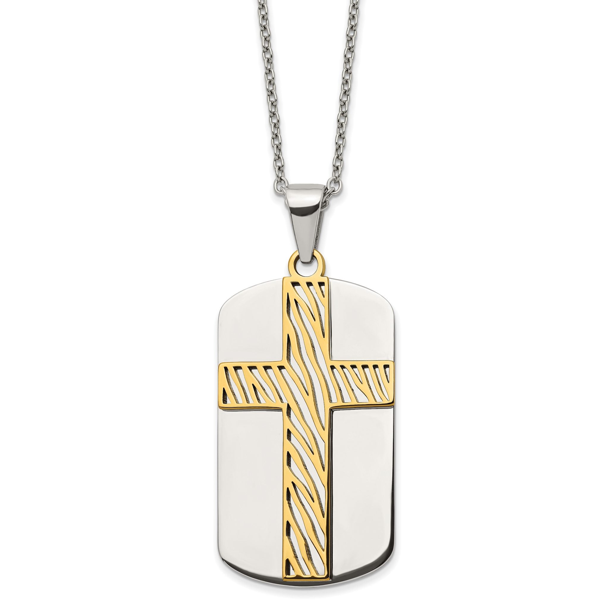 Chisel Stainless Steel Polished Yellow IP-plated 2 Piece Cut Out Stripes Cross Dog Tag on a 24 inch Cable Chain Necklace Main image