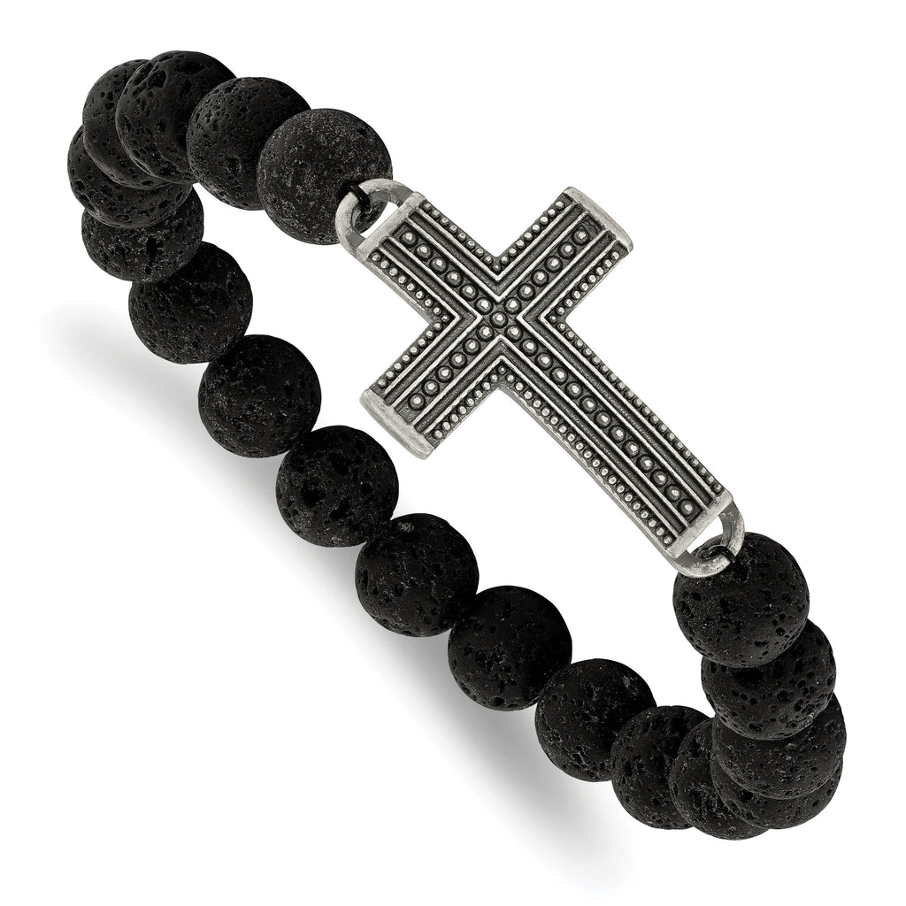 Stainless Steel Antiqued Gun Metal IP-plated Cross 10.5mm Lava Stone Beaded Stretch Bracelet for Men