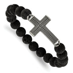 Stainless Steel Antiqued Gun Metal IP-plated Cross 10.5mm Lava Stone Beaded Stretch Bracelet for Men