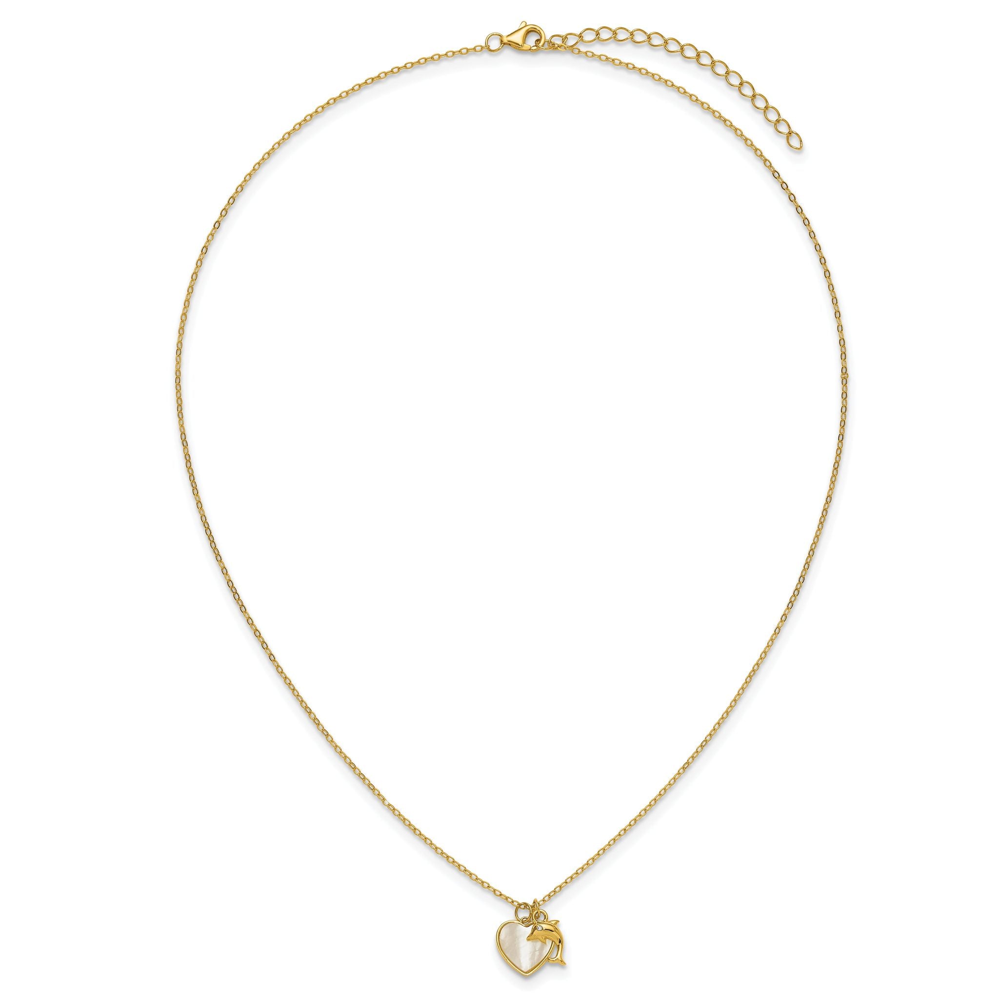 Sterling Silver Gold-tone Polished Mother of Pearl and CZ Heart and Dolphin 16 Inch with 2 Inch Extension Necklace