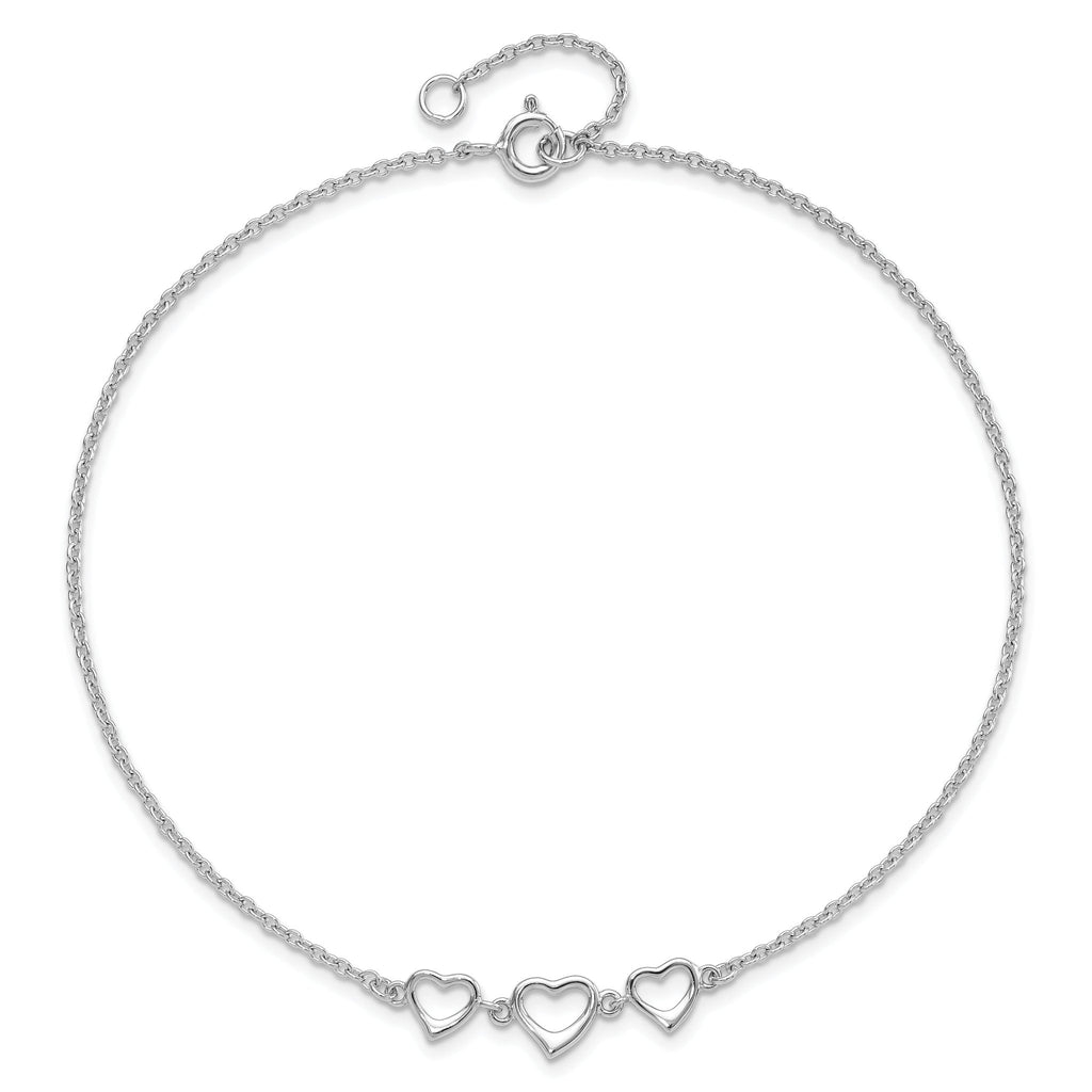 Sterling Silver Rhodium-plated Three Hearts 10 inch Plus 1 inch Extender - Total 11 inch Anklet