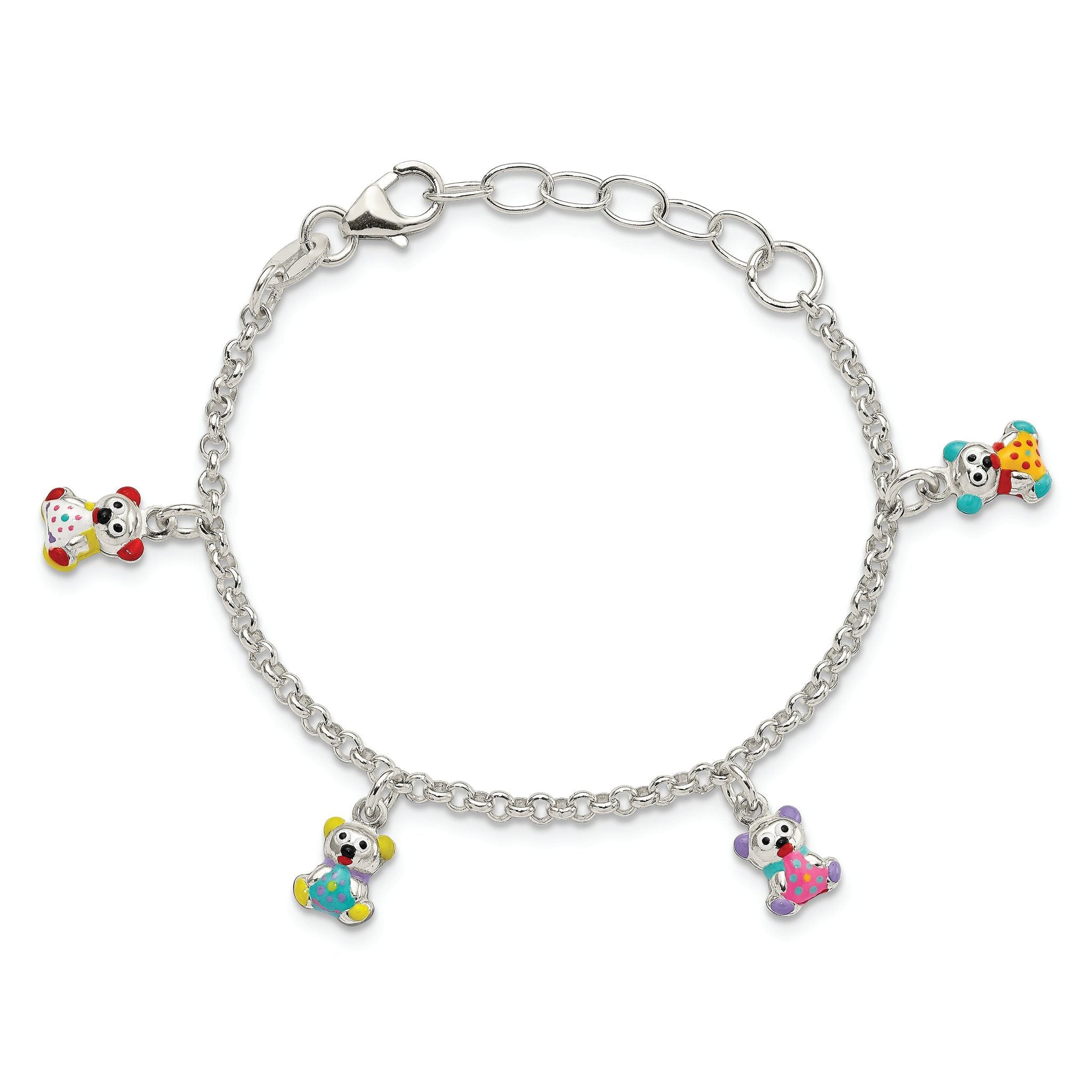 Sterling Silver Multi-color Enameled Bears With  1in ext Children's Bracelet