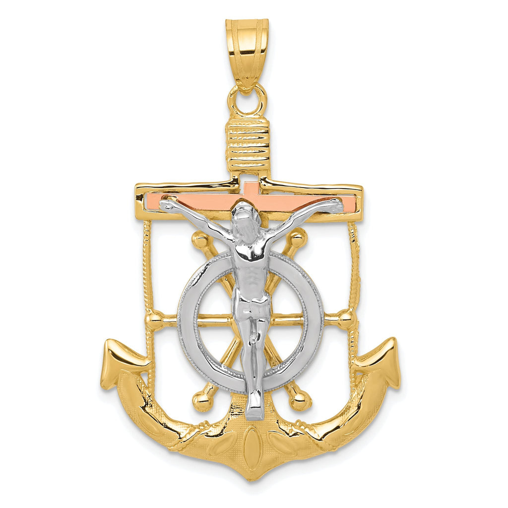 14K Tri-Color Gold Mariner's Cross Pendant with Diamond-Cut Textured Design