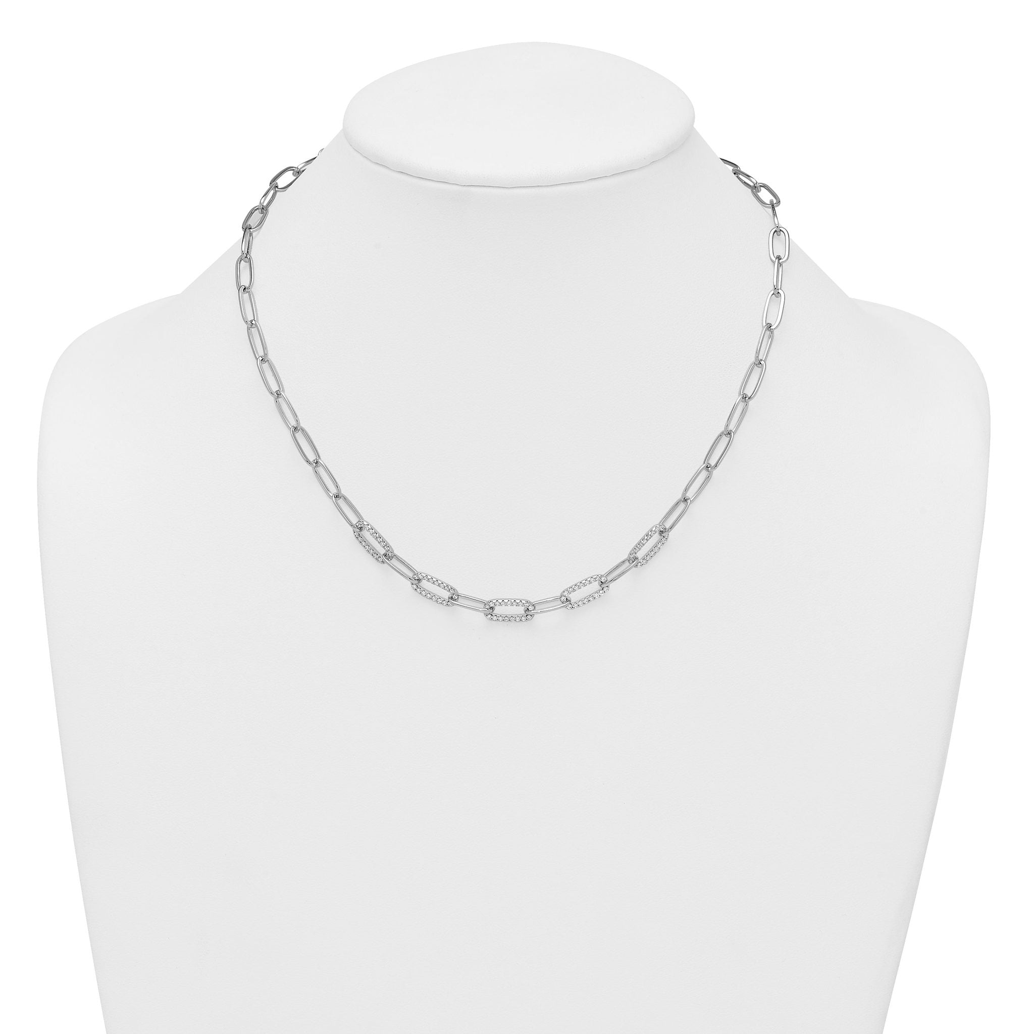 Sterling Silver Rhodium-plated Polished Fancy CZ Paperclip Chain 18 Inch Necklace