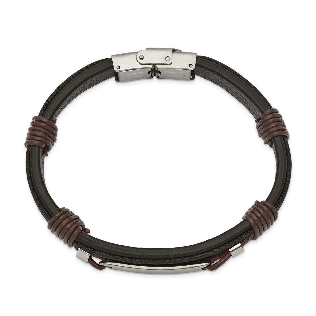 Stainless Steel Polished Black and Brown Leather ID Bracelet for Men