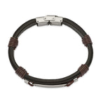 Stainless Steel Polished Black and Brown Leather ID Bracelet for Men