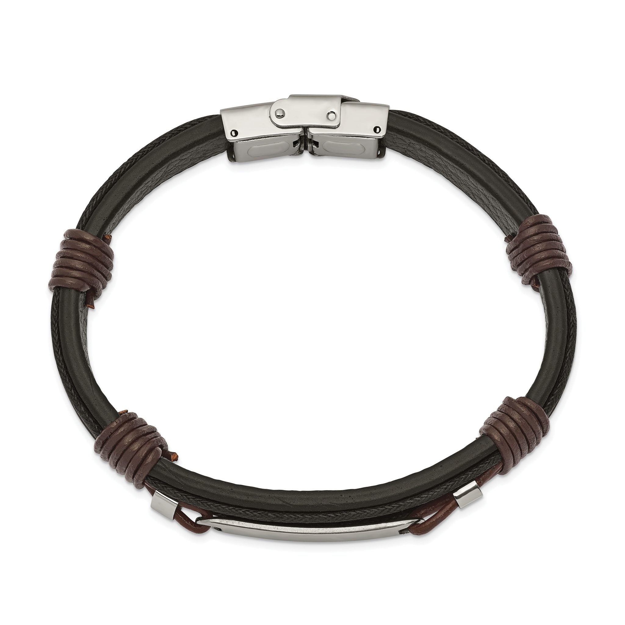 Stainless Steel Polished Black and Brown Leather ID Bracelet for Men