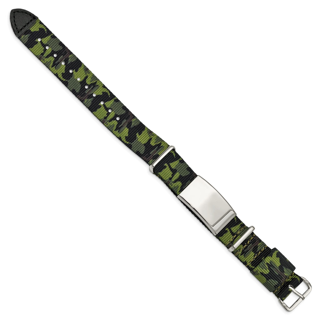 Stainless Steel Polished Green Camo Fabric Adjustable ID Bracelet for Men