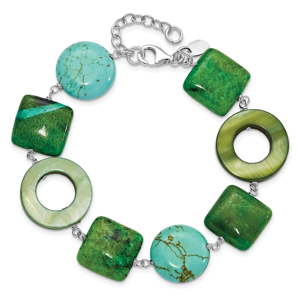 Sterling Silver Chrysocolla, Dyed Howlite & Dyed Mother Of Pearl With  1.5in ext Bracelet