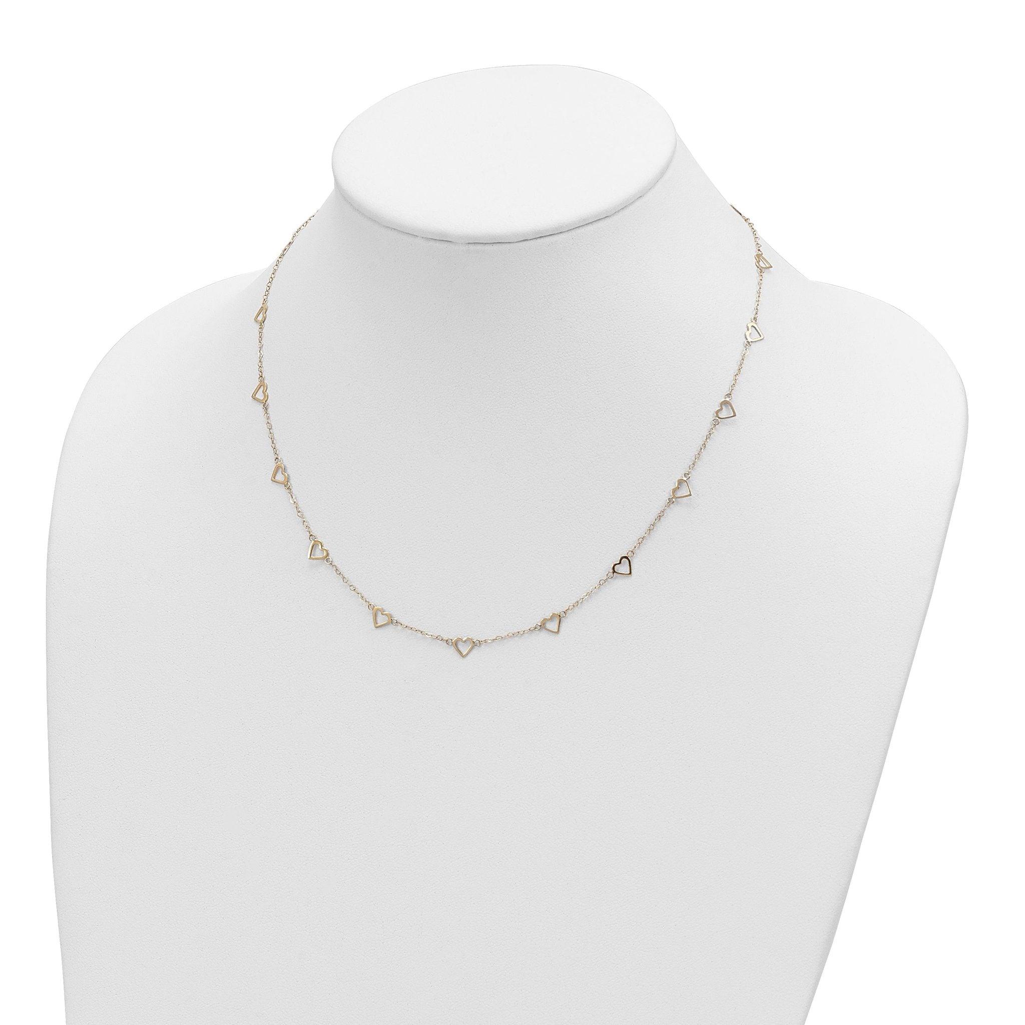 14K Gold Heart Link Necklace with Polished Open Hearts and 17-Station Design