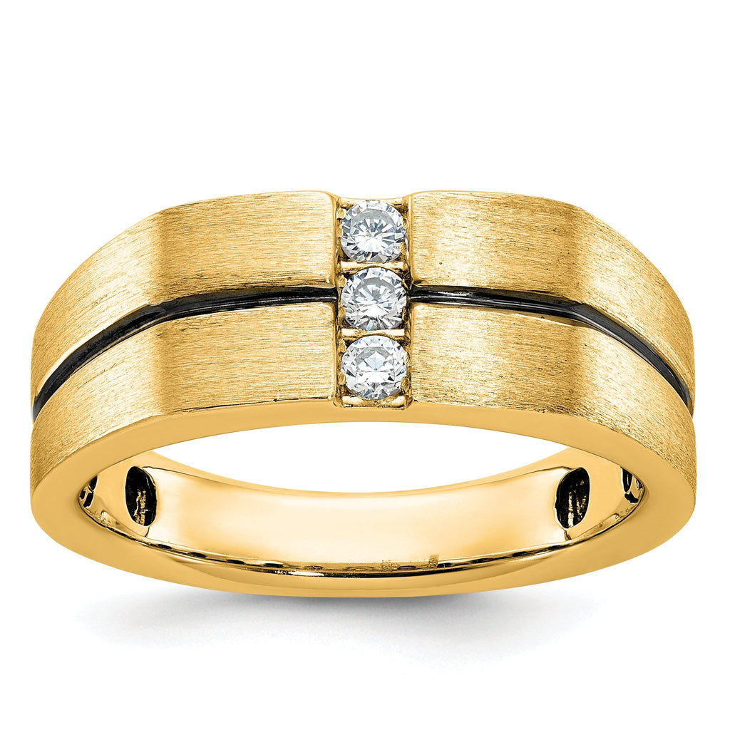 10k White Gold with Black Rhodium Men's Satin and Grooved 3-Stone 1/5 Carat A Quality Diamond Ring