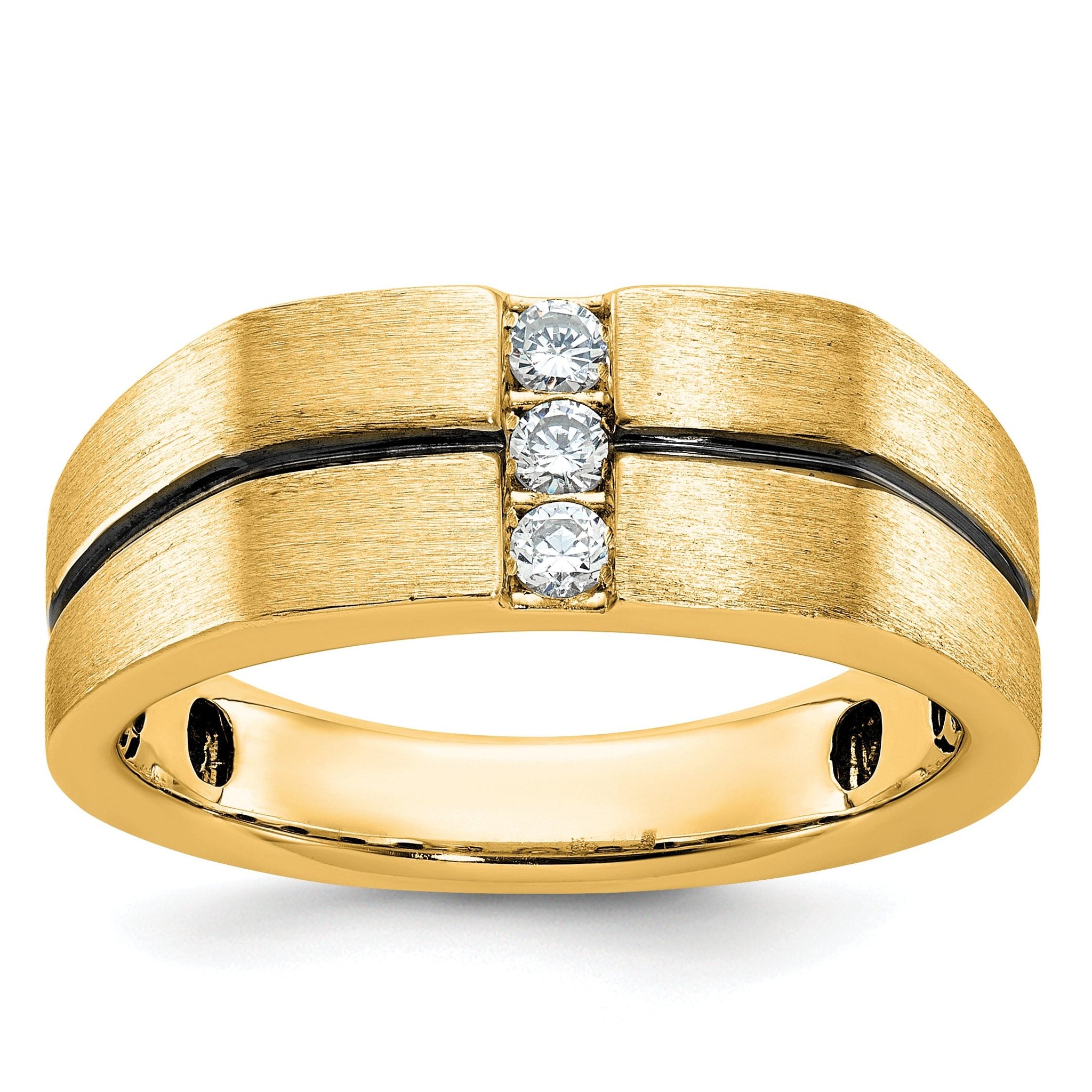 10k White Gold with Black Rhodium Men's Satin and Grooved 3-Stone 1/5 Carat A Quality Diamond Ring