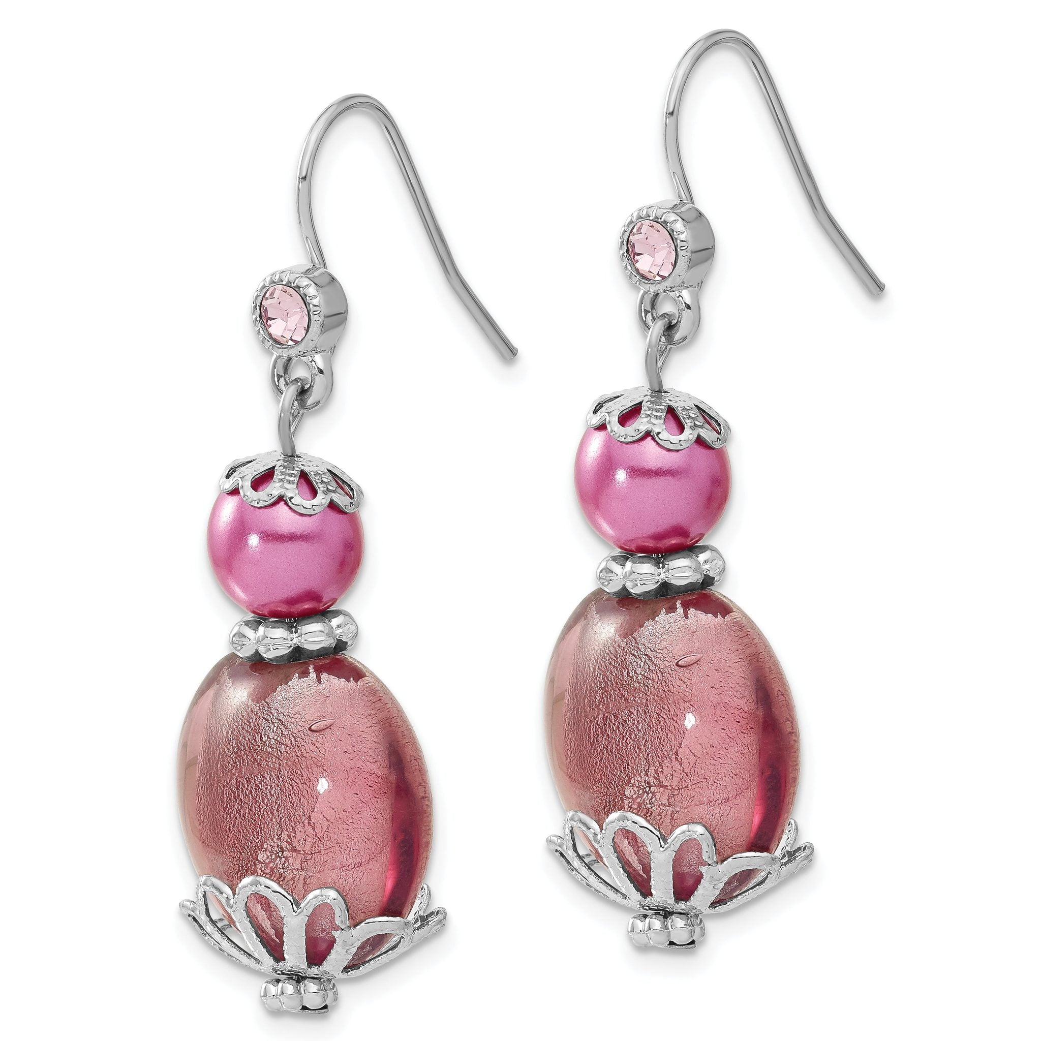 1928 Silver-tone Purple Glass Stone & Acrylic Bead Dangle Earrings Secondary image