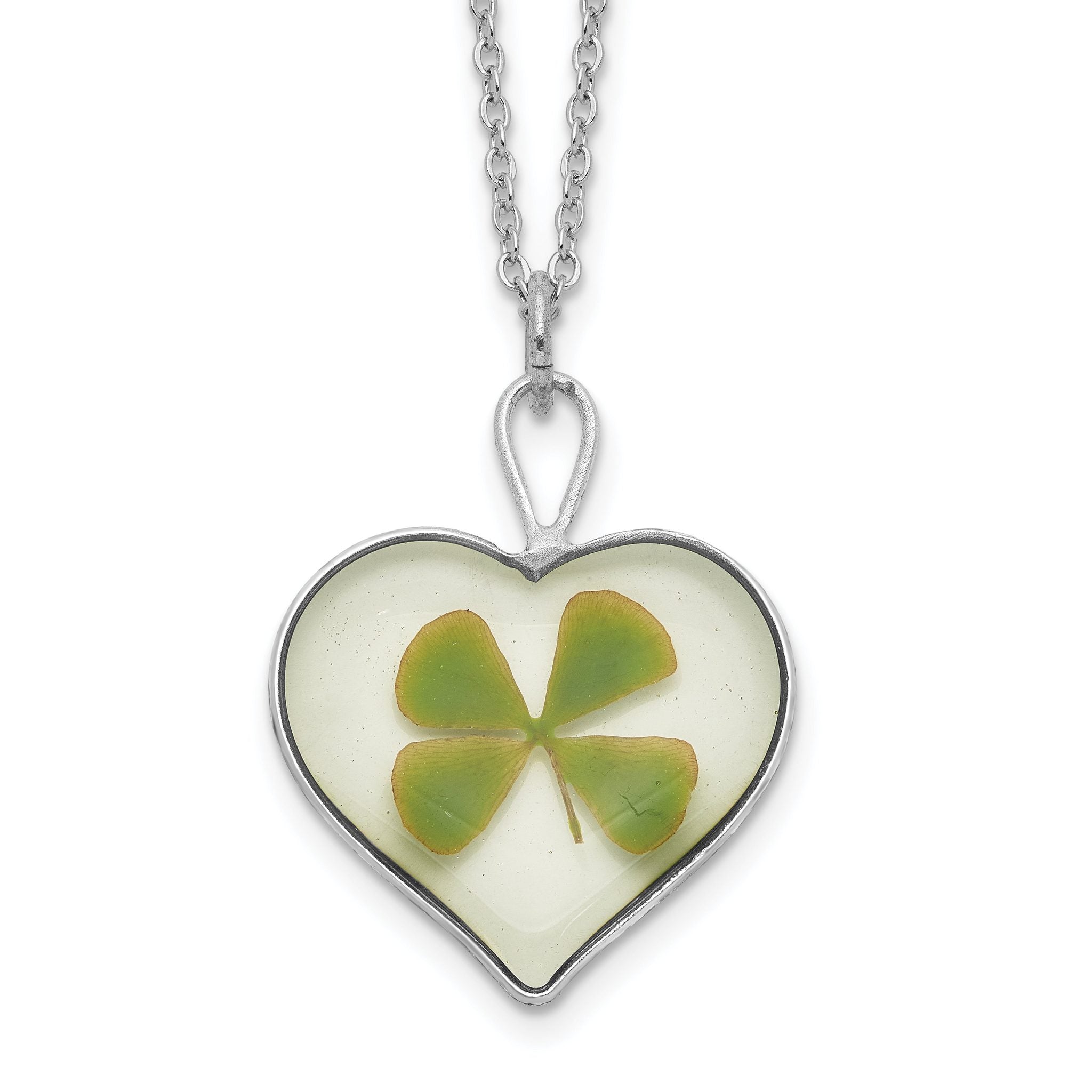 Silver Trim Real Four Leaf Clover in Heart 20 inch Silver-plated Chain Necklace Main image