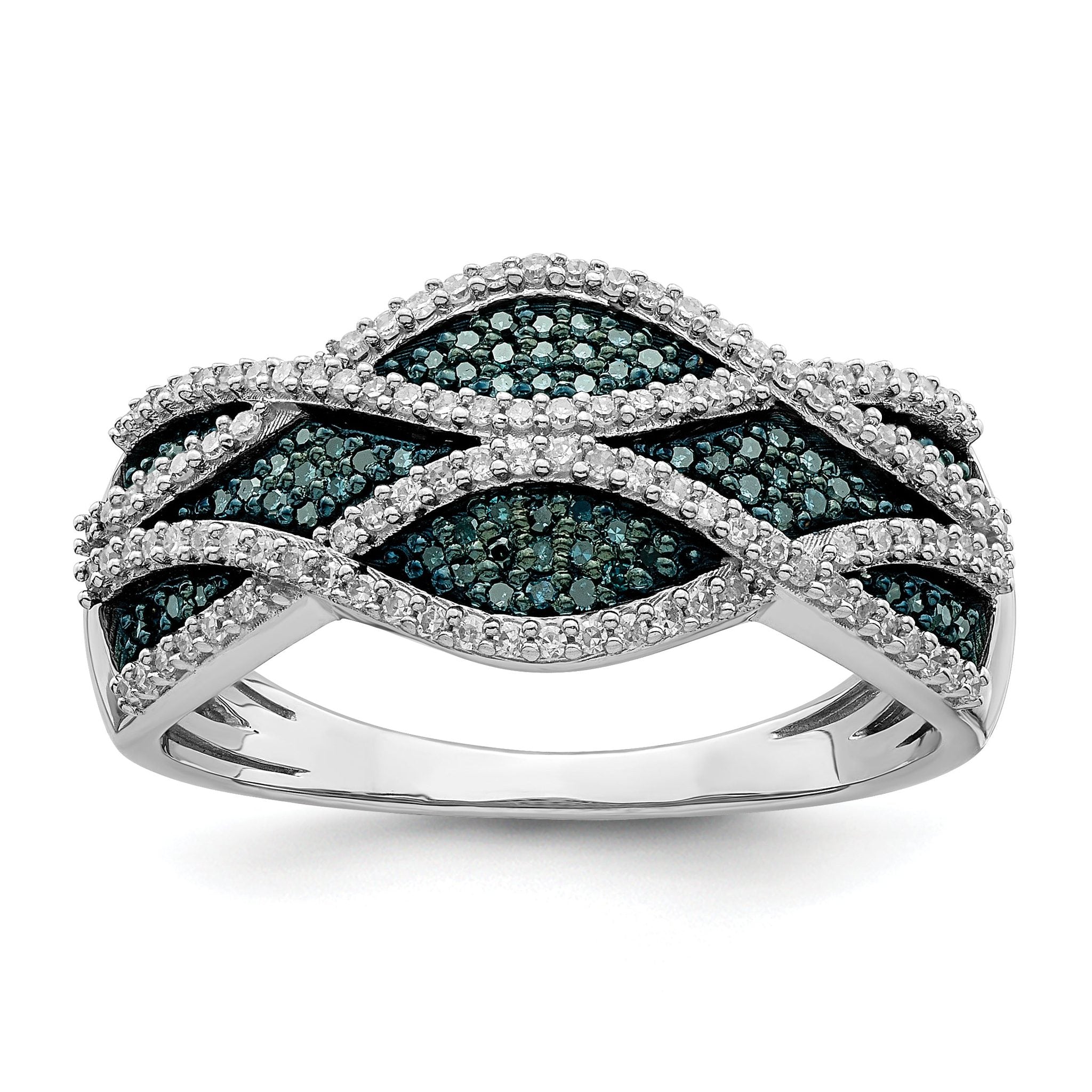 Sterling Silver Rhod Plated Blue and White Diamond Ring