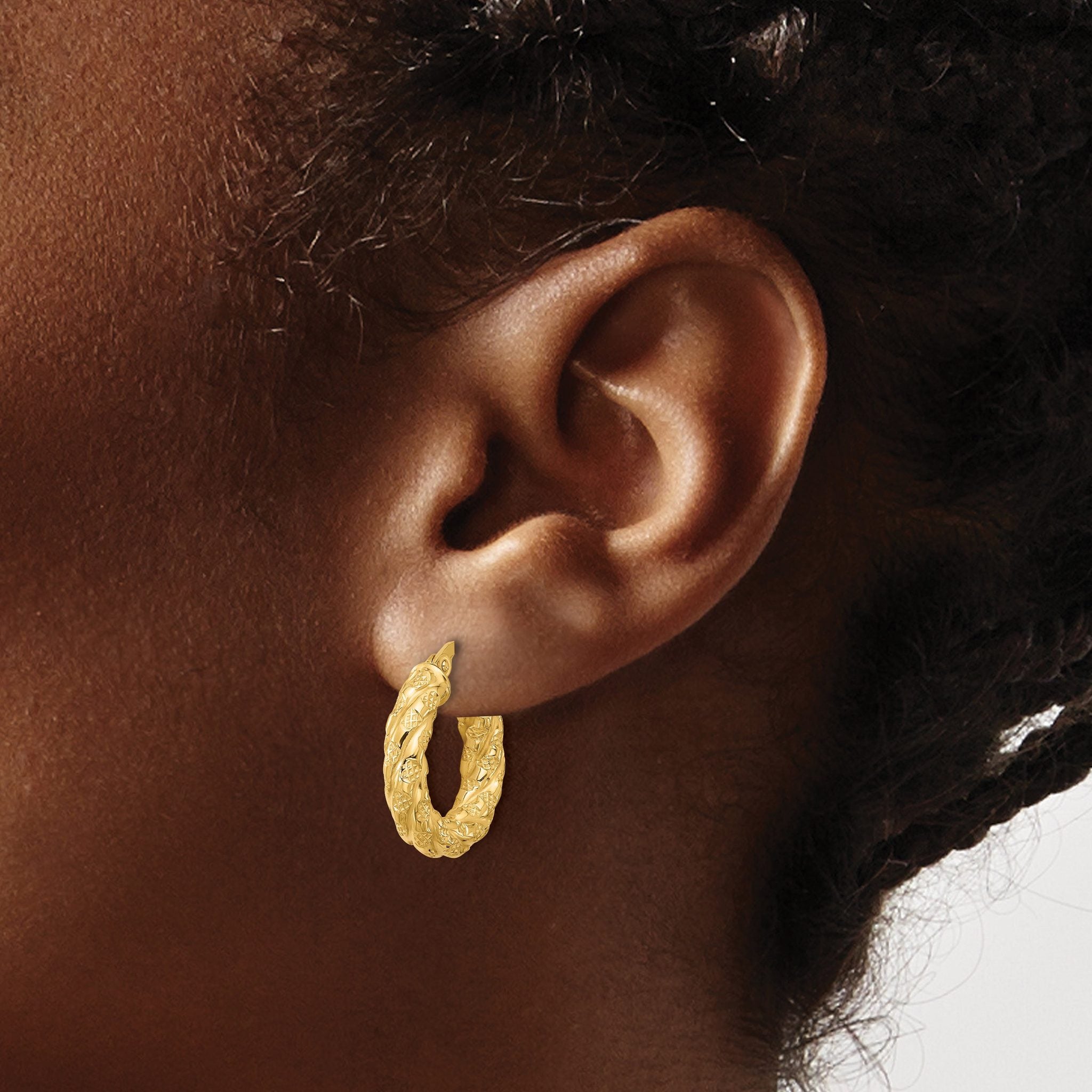 14k Polished and Textured Twisted Tube Hoop Earrings