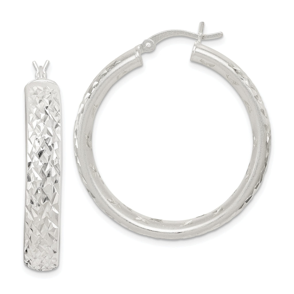 Sterling Silver 5mm Diamond-Cut Hoop Earrings with Brushed Satin Finish