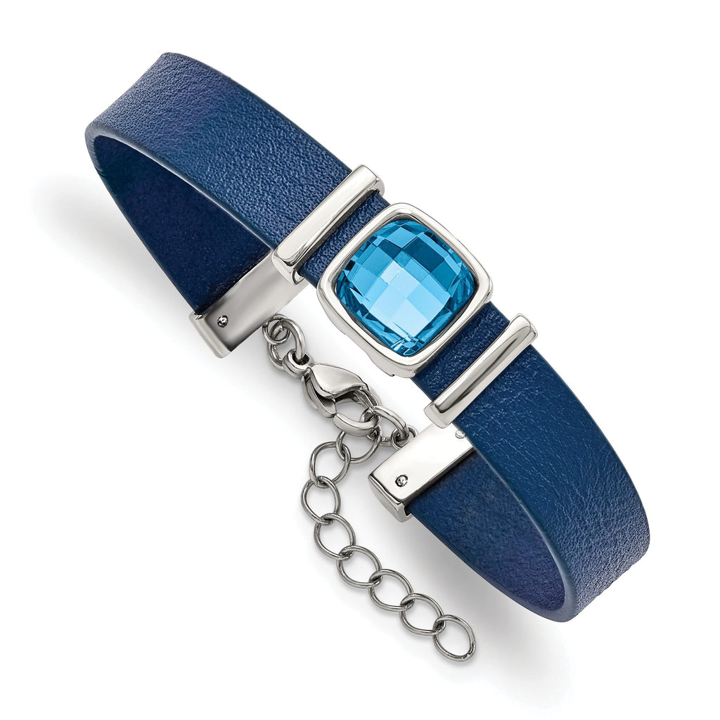 Stainless Steel Polished Blue Leather with Crystal with ext. Bracelet for Women