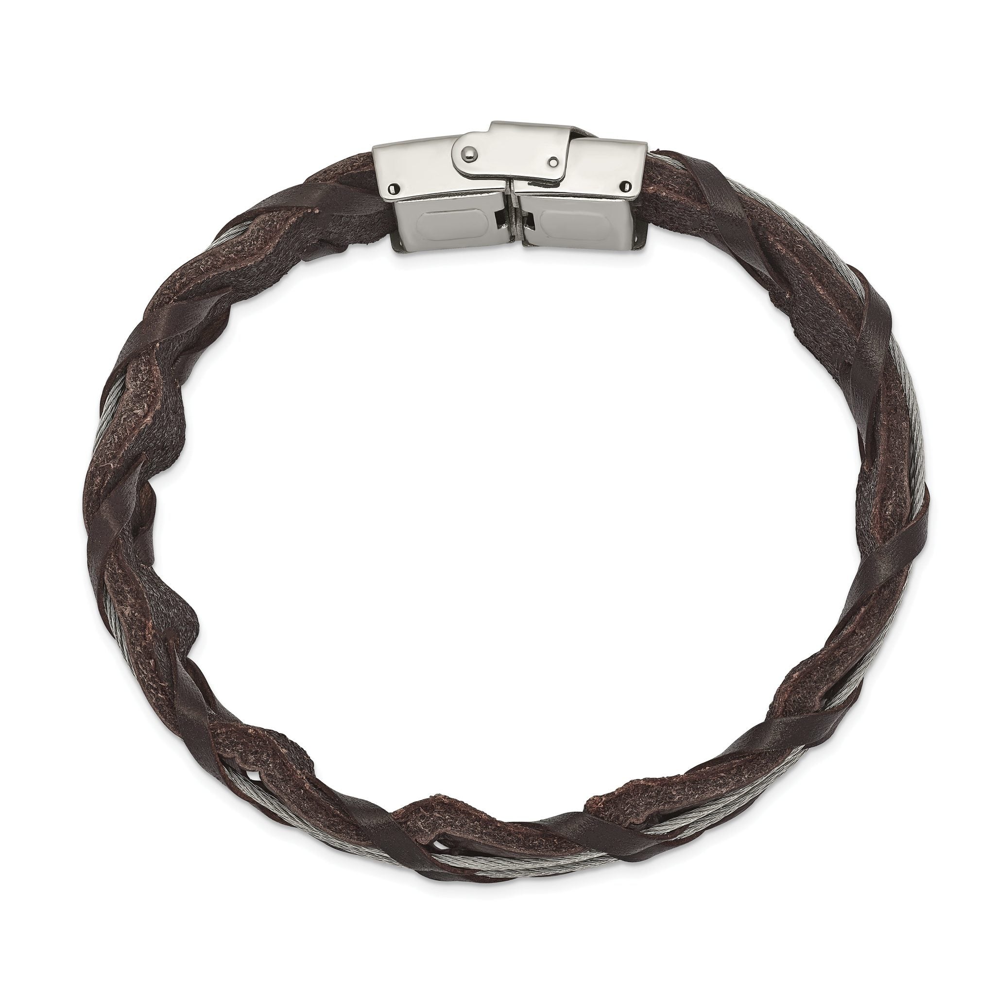 Stainless Steel Polished Cable and Brown Leather Bracelet for Men Secondary image