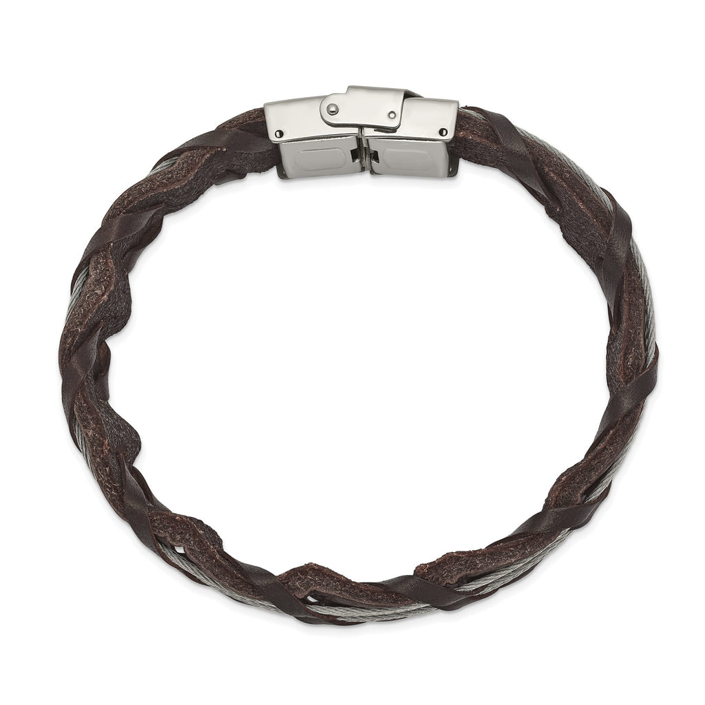 Stainless Steel Polished Cable and Brown Leather Bracelet for Men