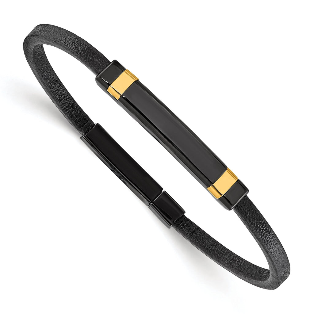 Stainless Steel Polished Black and Yellow IP-plated Black Leather ID Bracelet for Men