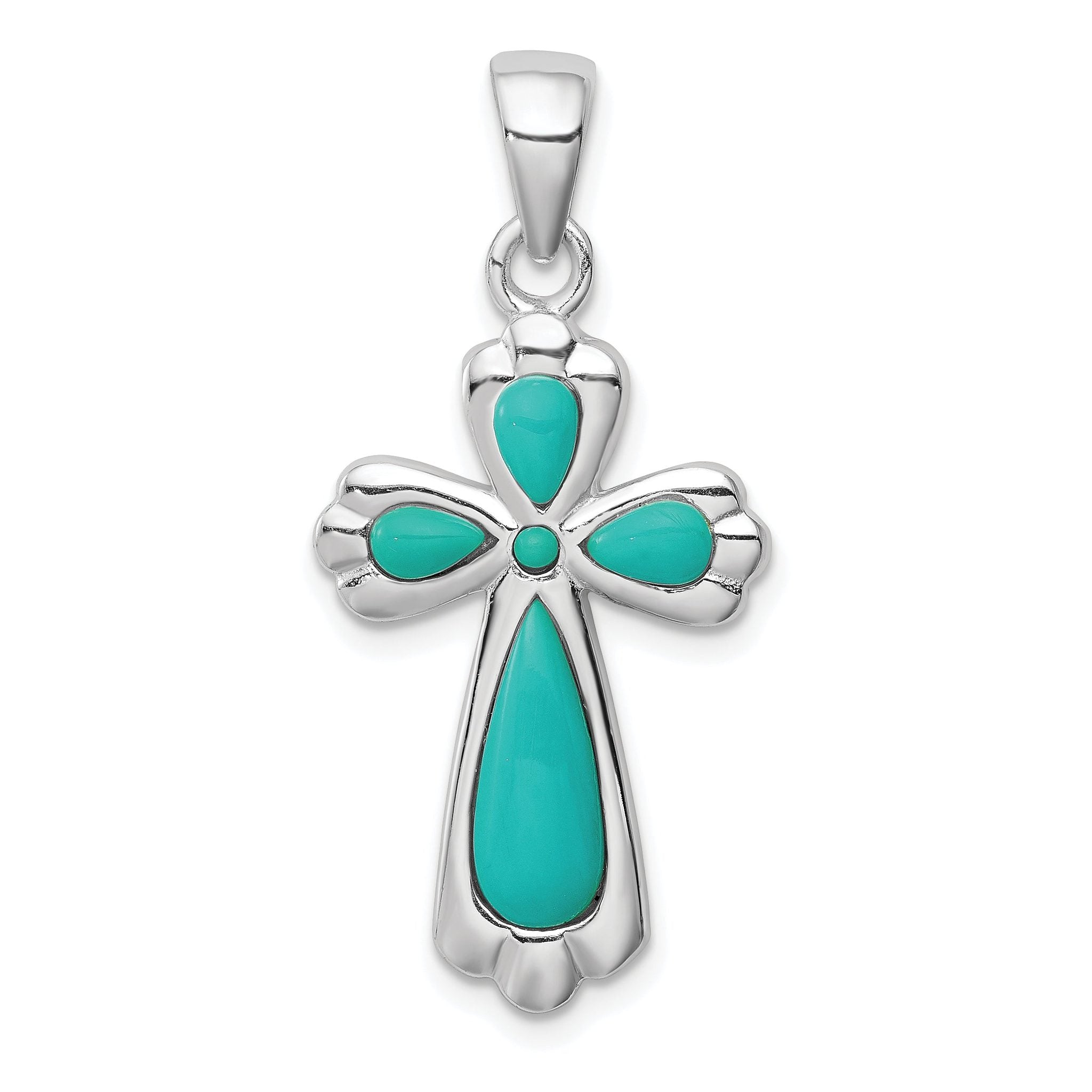 Sterling Silver 925 Polished Turquoise Cross Pendant Rhodium-Plated Solid Main image