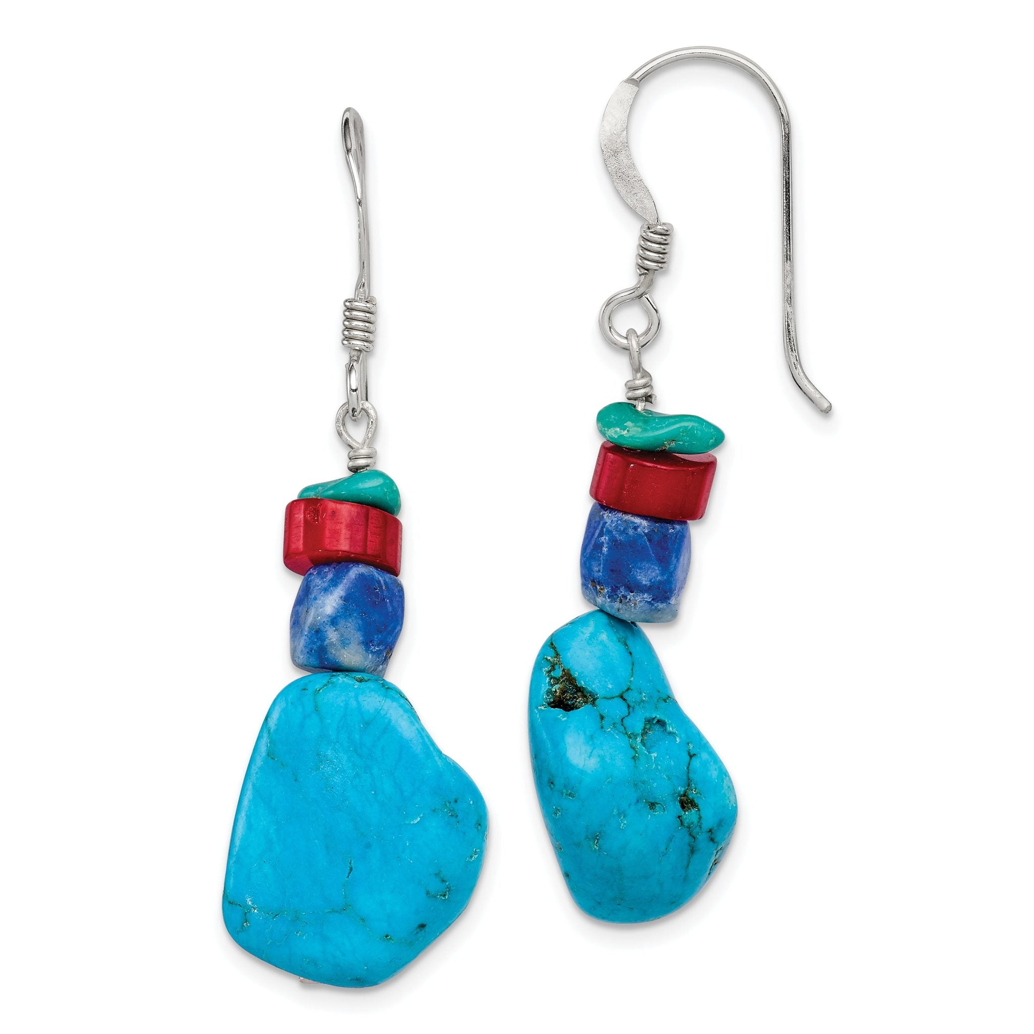 Sterling Silver Red Coral/Howlite/Lapis/Turquoise Dangle Earrings Main image