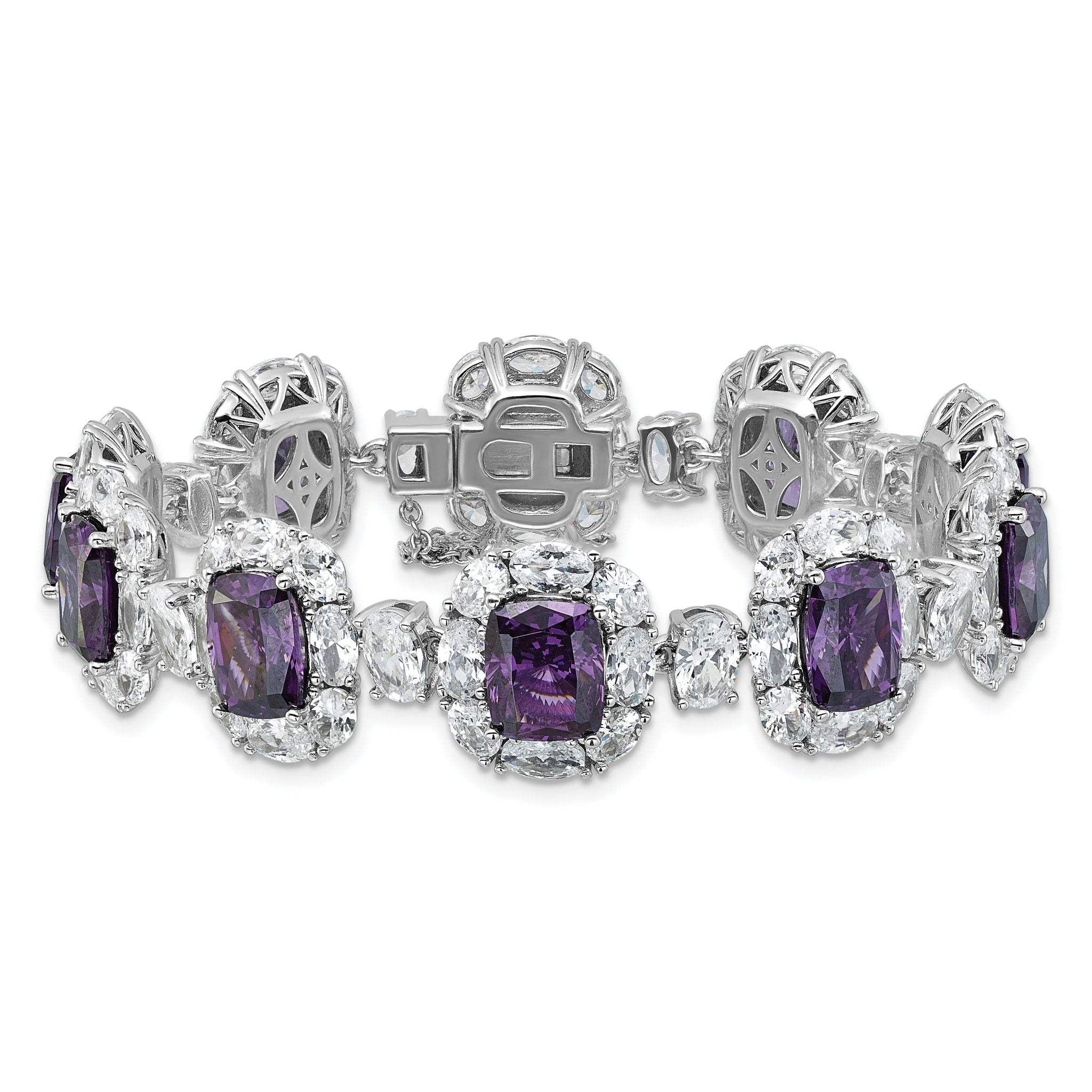 Cheryl M Sterling Silver Rhodium-plated Polished Fancy Purple and White CZ Halo Cluster with Safety Chain 7 Inch Bracelet Secondary image