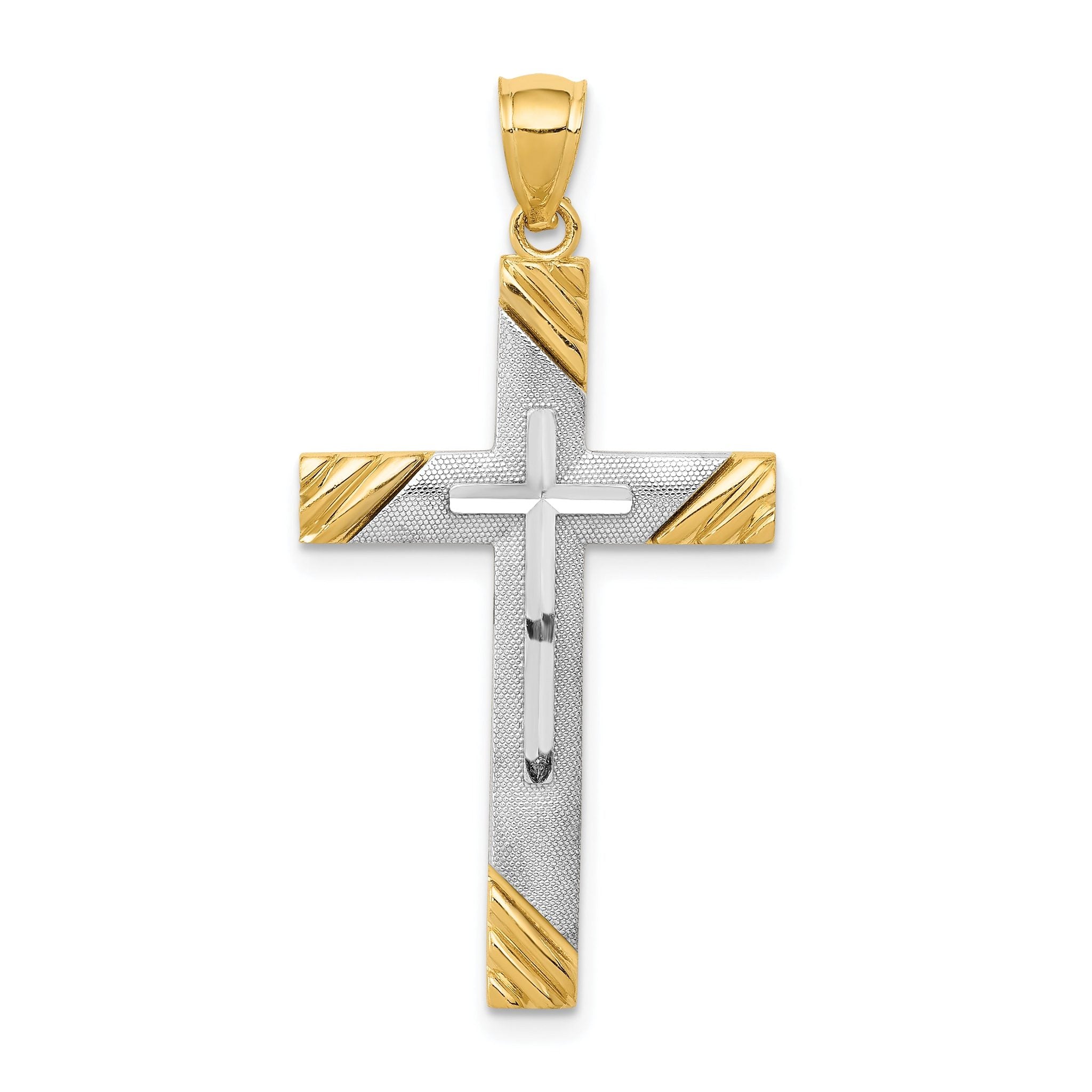 14K Two-Tone Gold Diamond-Cut Cross Pendant Elegant Solid Design Main image