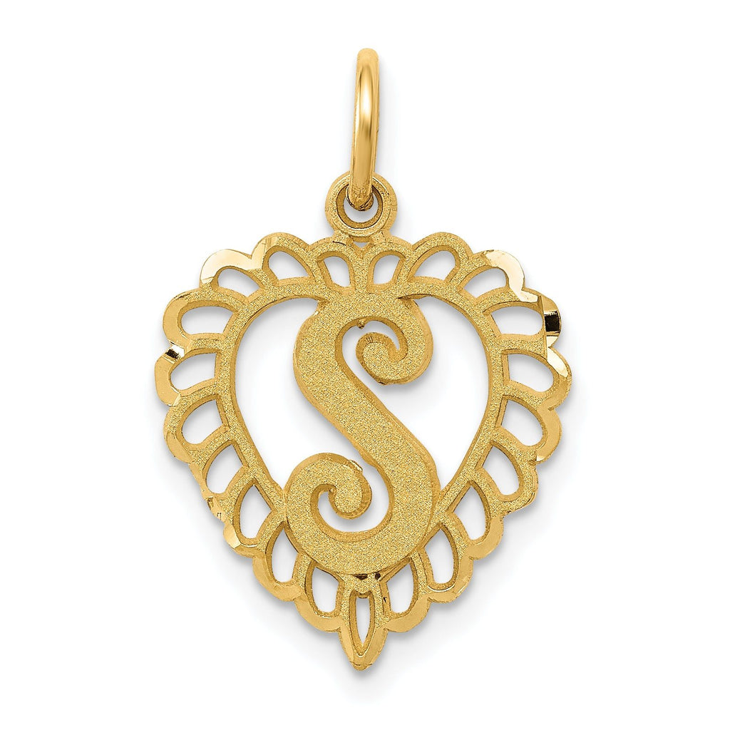 14K Gold Heart Letter S Charm with Diamond-Cut Sandblasted Finish Elegant & Themed