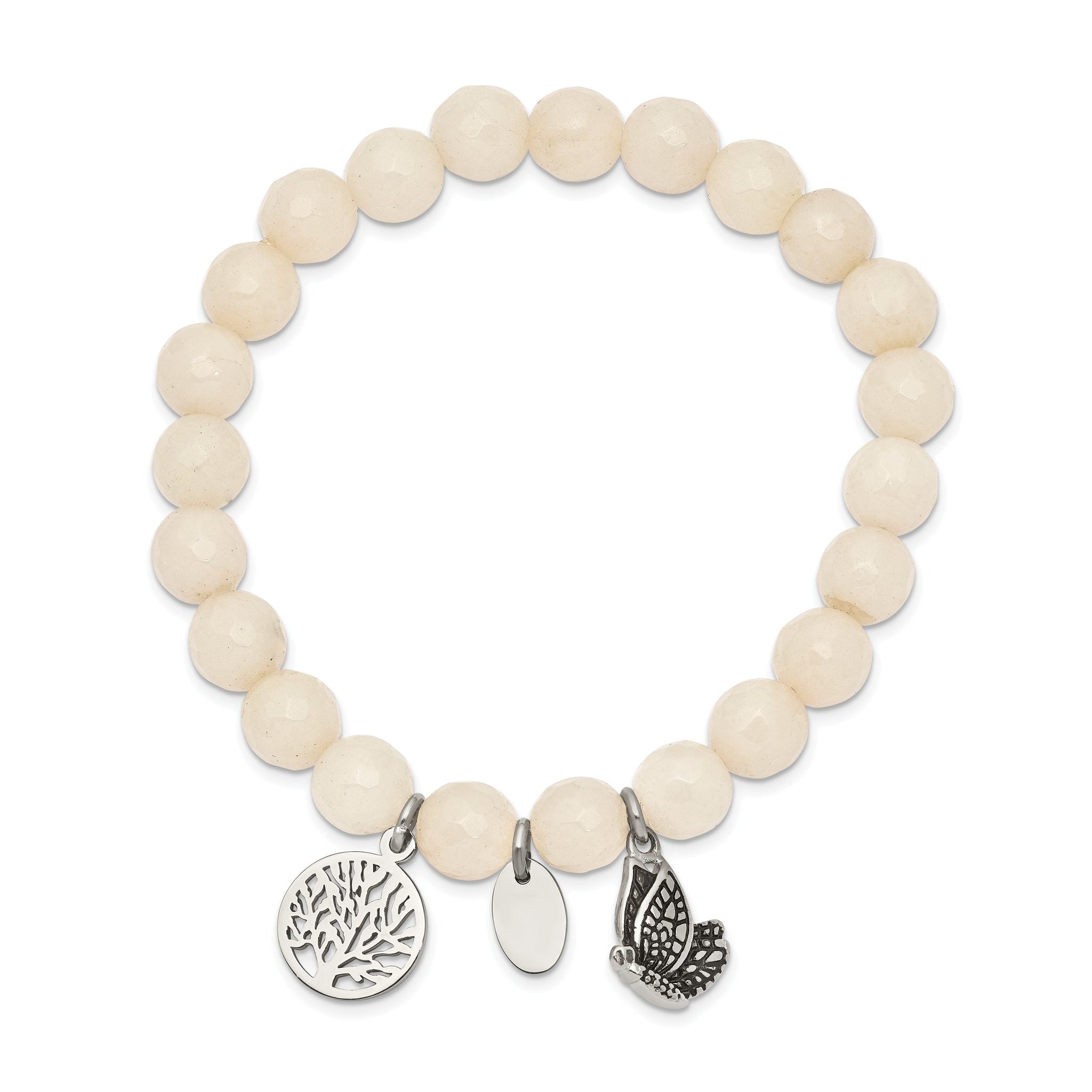 Stainless Steel Antiqued and Polished Butterfly and Tree of Life 8mm White Jade Beaded Stretch Bracelet for Women Secondary image